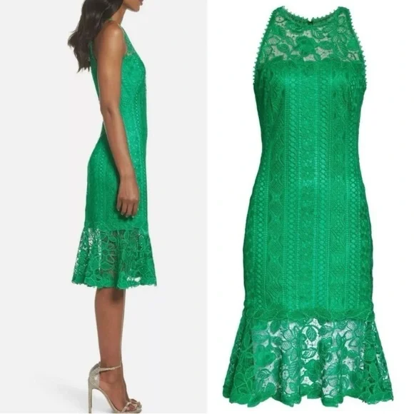 TADASHI SHOJI Jade Green Embroidered Lace Fluted Flare Midi Dress size 6P petite